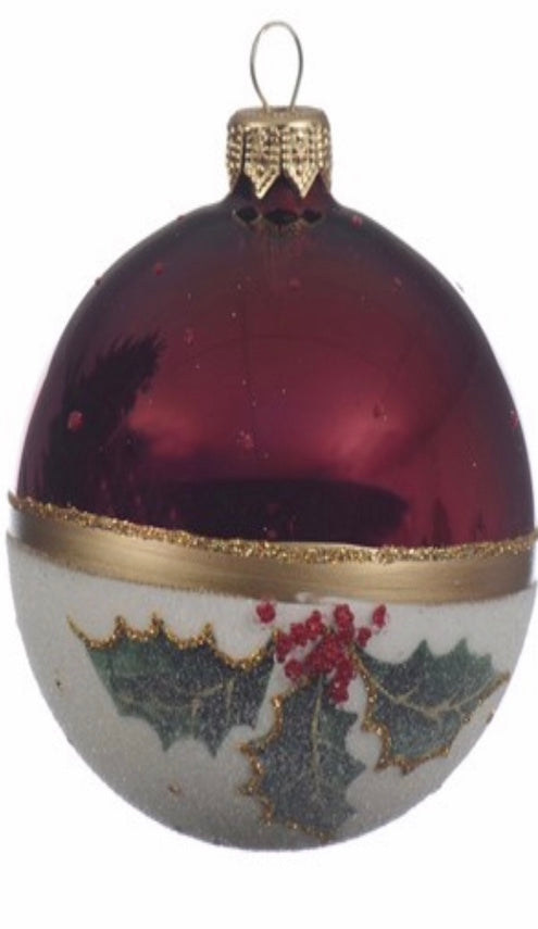 Oxblood Red & White Holly Bauble