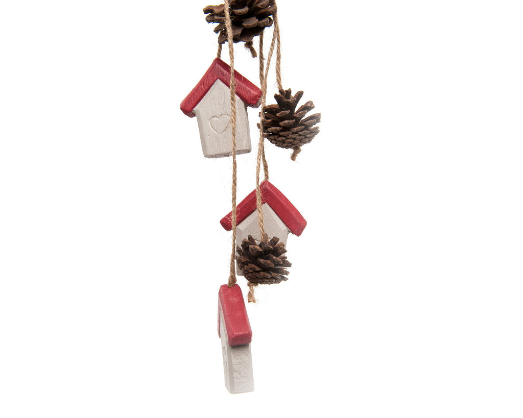 Wooden House & Pine Cone Hanging Decoration