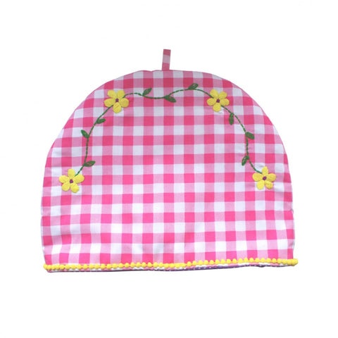 Bombay Duck Embroidered Tea Cosy - Fuchsia Gingham