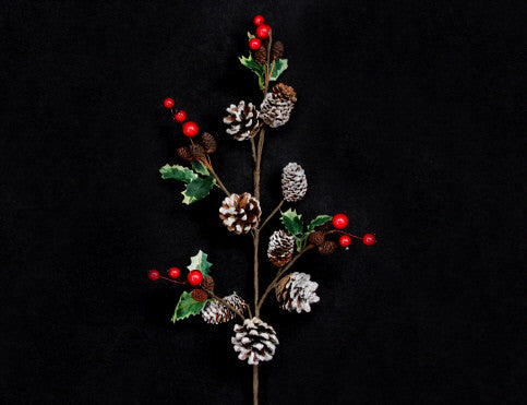 Red Berry, Leaf & Snowy Cone Christmas Branch