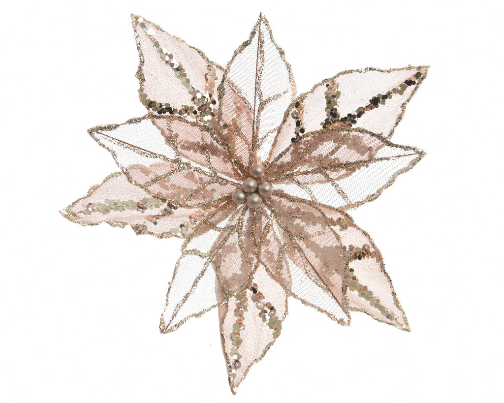 Pink Organza Glitter Poinsettia Clip-On Christmas Tree Decoration