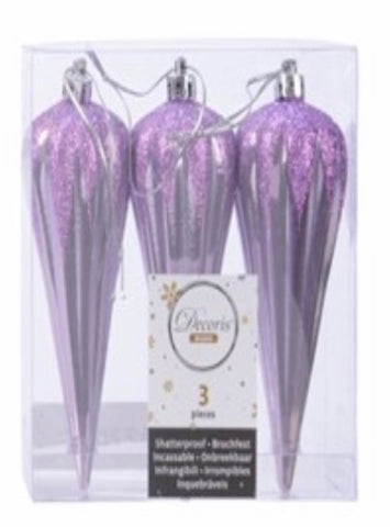 3 Purple Glitter Baubles - Boxed