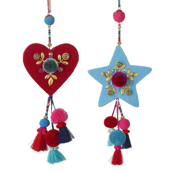 Felt Star & Heart With Tassels Hanging Decorations - Set Of 2