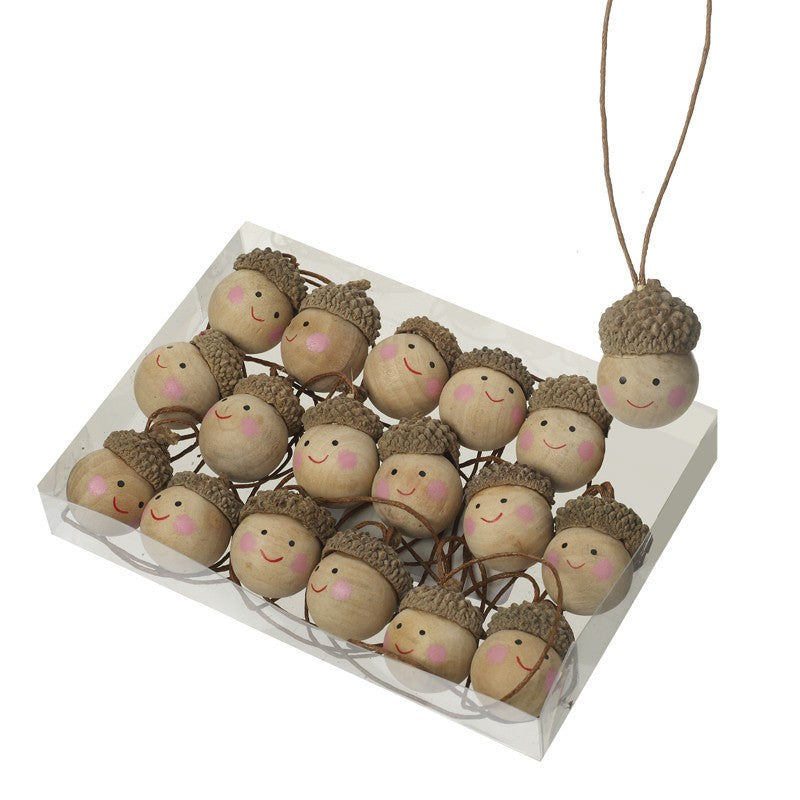 Wooden Acorn Head People Hanging Decoration - 18 Pieces