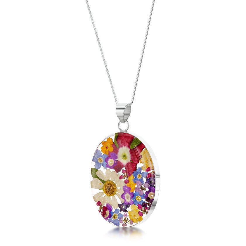 Shrieking Violet Mixed Flower Pendant Necklace - Oval