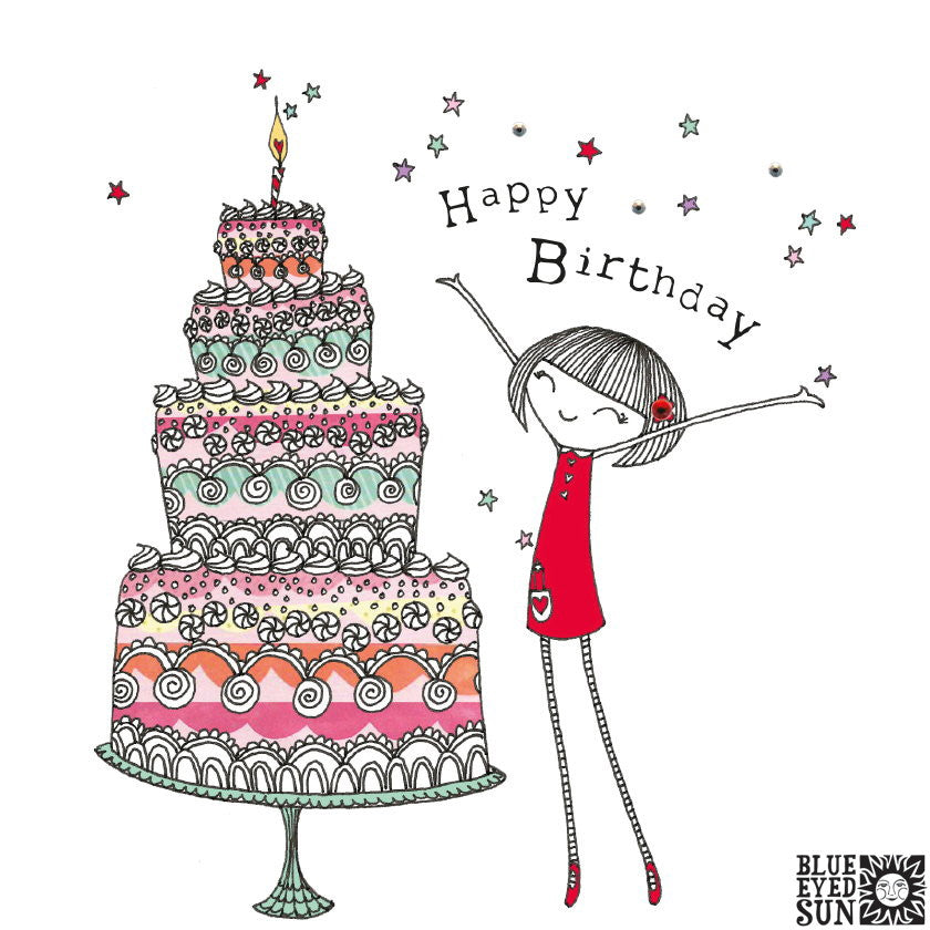 Doodle Girl Card - Happy Birthday Cake