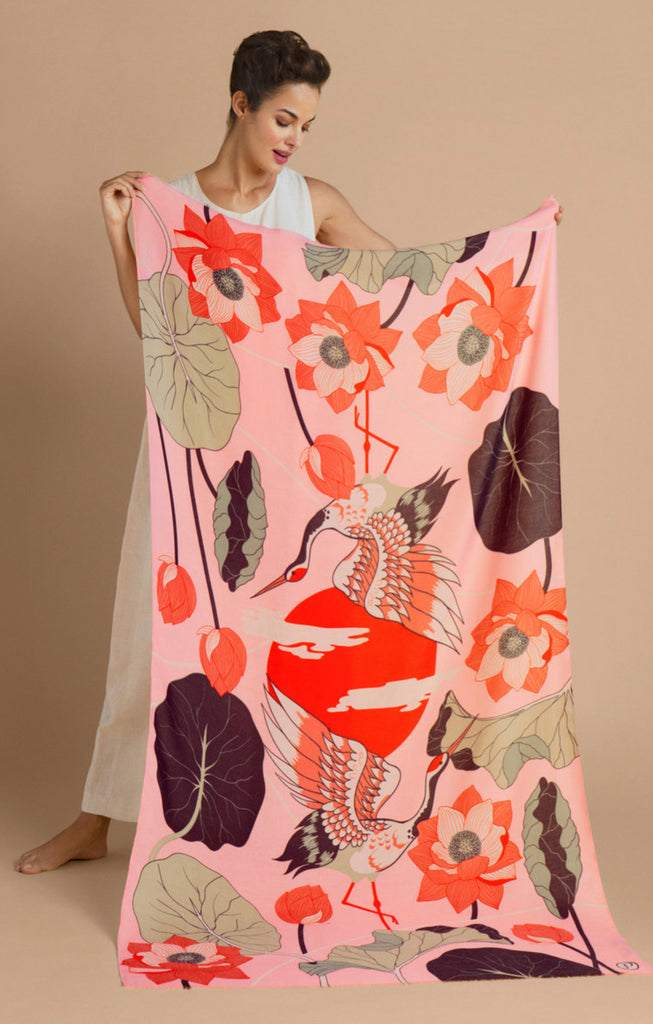 Powder Printed Crane At Sunrise - Petal Scarf