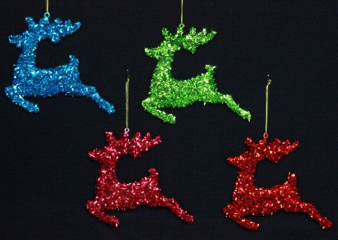 Tinsel Leaping Reindeer Tree Decoration - Blue / Green / Pink / Red