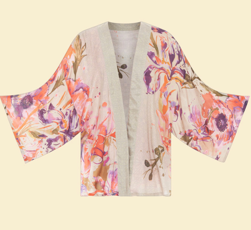 Powder Orchid & Iris Kimono Jacket - Coconut