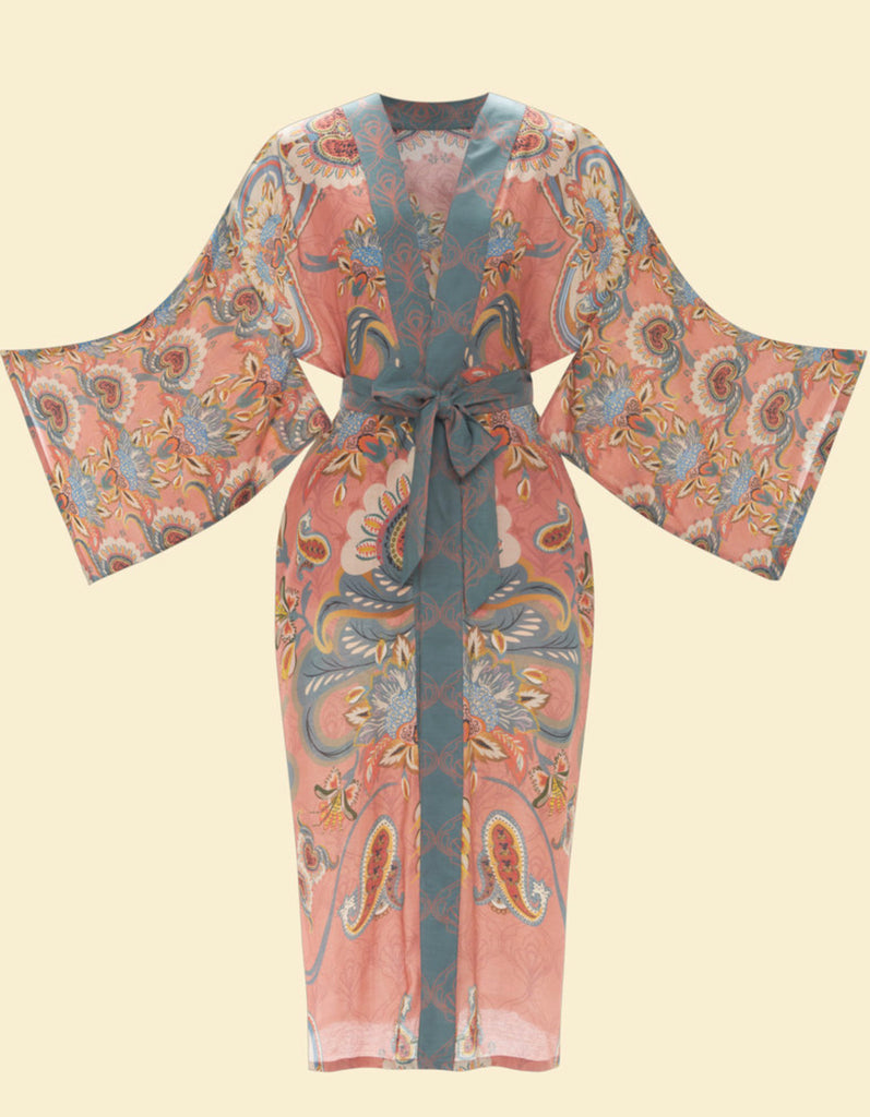 Powder Mediterranean Paisley Kimono Gown - Coral
