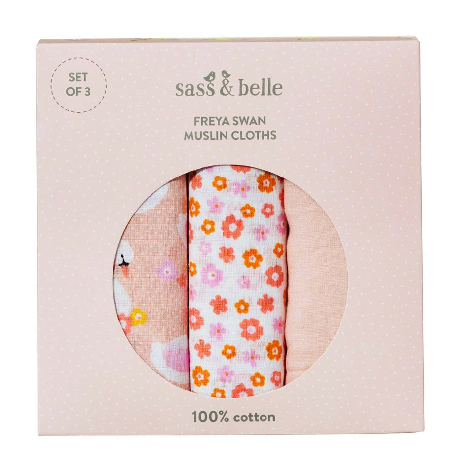 Sass & Belle Freya Swan Muslin Cloths - Set Of Three