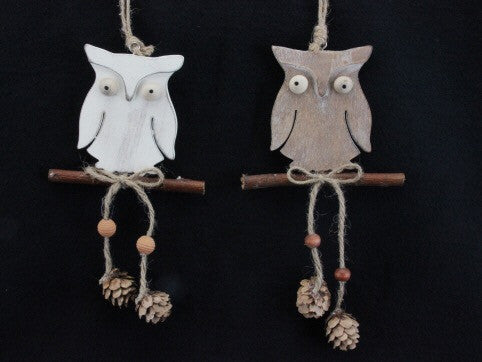 Wooden Owl on Twig Tree Decoration - White / Brown