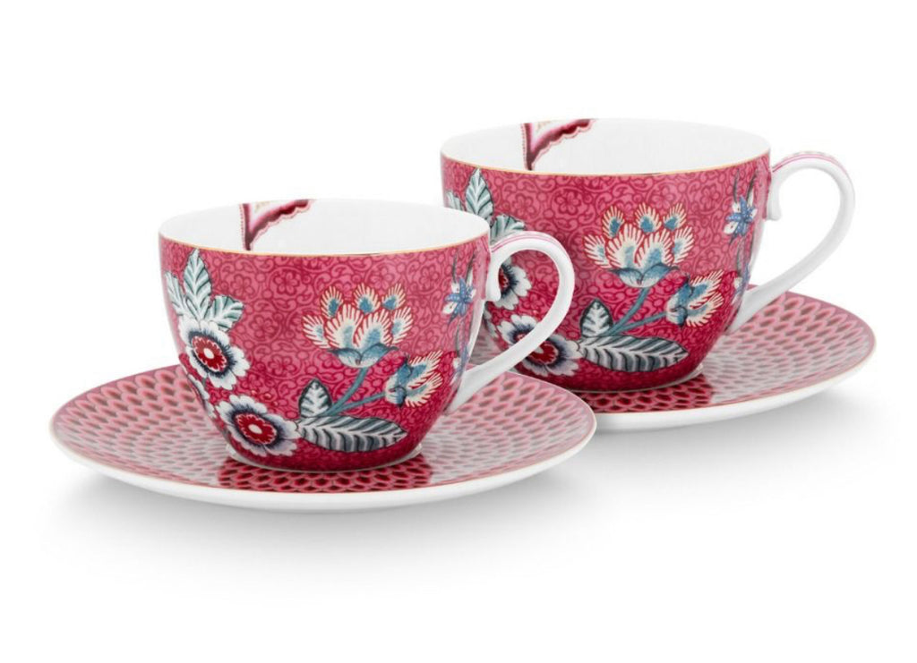 Pip Studio Flower Festival Set Of 2 Cups & Saucers - Pink (oxed)