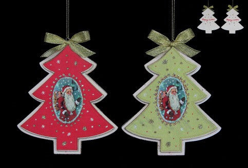 Wooden Tree with Santa Plaque Tree Decoration - Red / Green