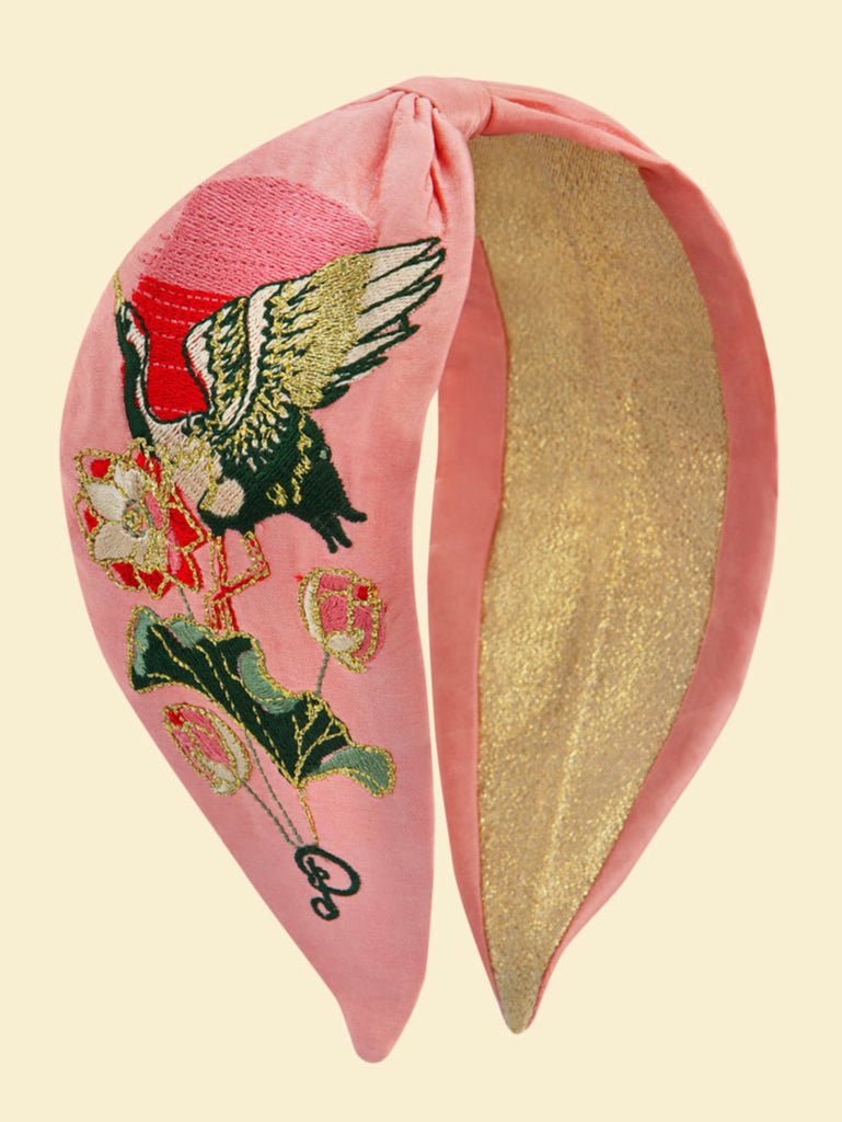 Powder Satin Embroidered Headband - Crane At Sunrise In Petal