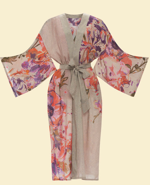 Powder Orchid & Iris Kimono Gown - Coconut