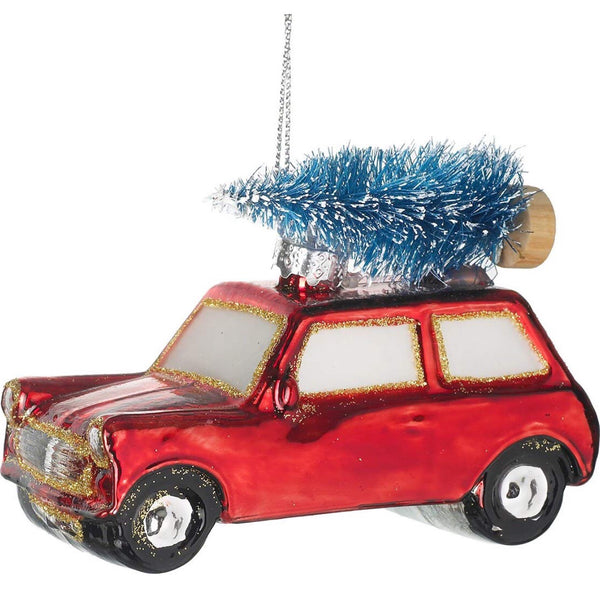 Painted Red Glass Santa in Car Tree Decoration