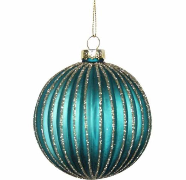 Turquoise Ribbed Glitter Christmas Bauble