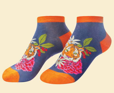 Powder Floral Tiger Trainer Socks - Indigo