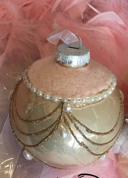 Gold Pink Velour Pearl Glass Bauble