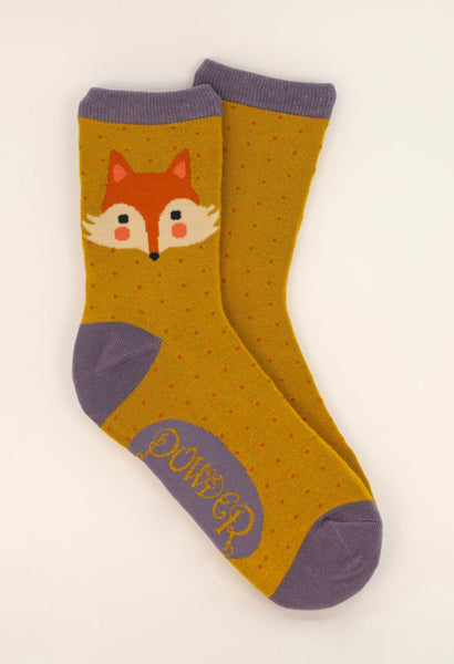 Powder Cheeky Fox Face Ankle Socks - Mustard