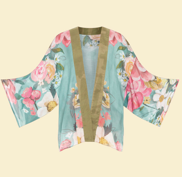 Powder Impressionist Floral Kimono Jacket - Teal