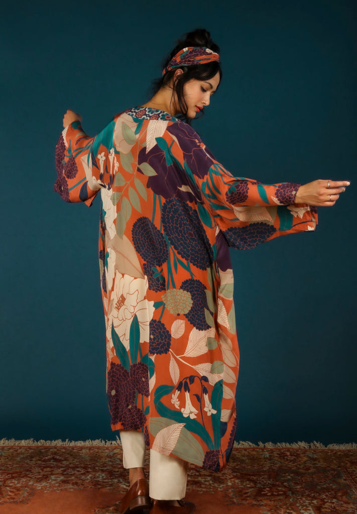 Powder Winter Floral Kimono Gown - Terracotta