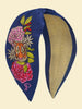 Powder Satin Embroidered Headband - Floral Tiger Face In Indigo