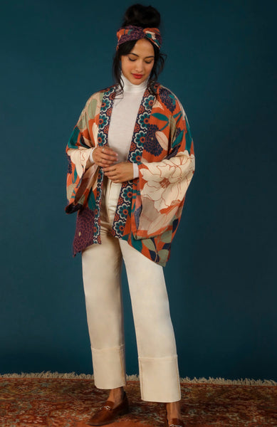 Powder Winter Floral Kimono Jacket - Terracotta