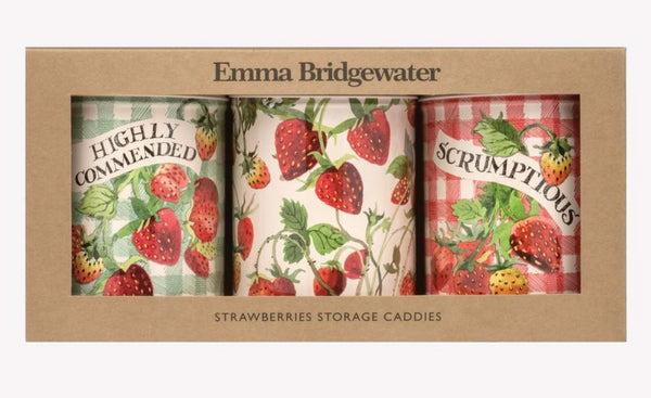 Emma Bridgewater  Vegetable Garden Strawberries Round Tin Caddies Boxed- Set Of Three