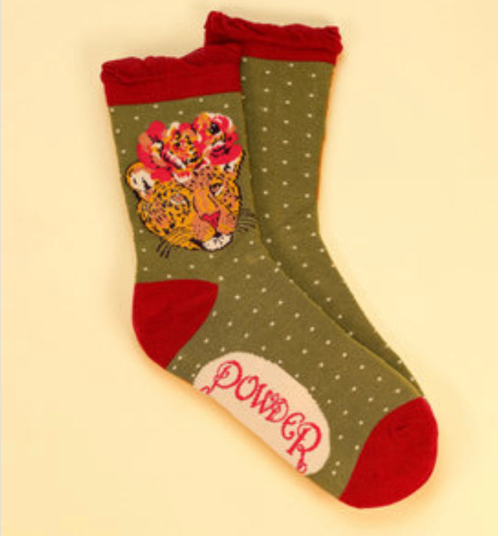 Powder Climbing Leopard Ankle Socks - Olive