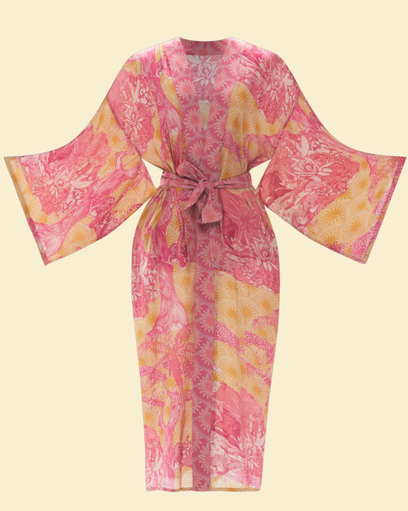 Powder Tropical Toile Kimono Gown - Pineapple & Fuchsia