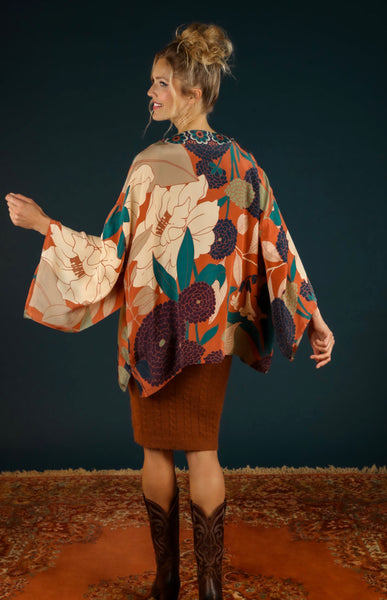 Powder Winter Floral Kimono Jacket - Terracotta