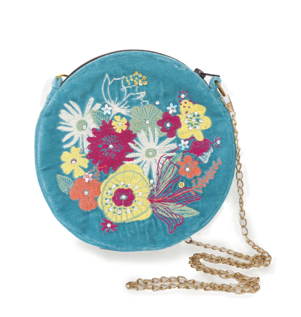 Powder Velvet Embroidered Bag - Modern Floral Turquoise
