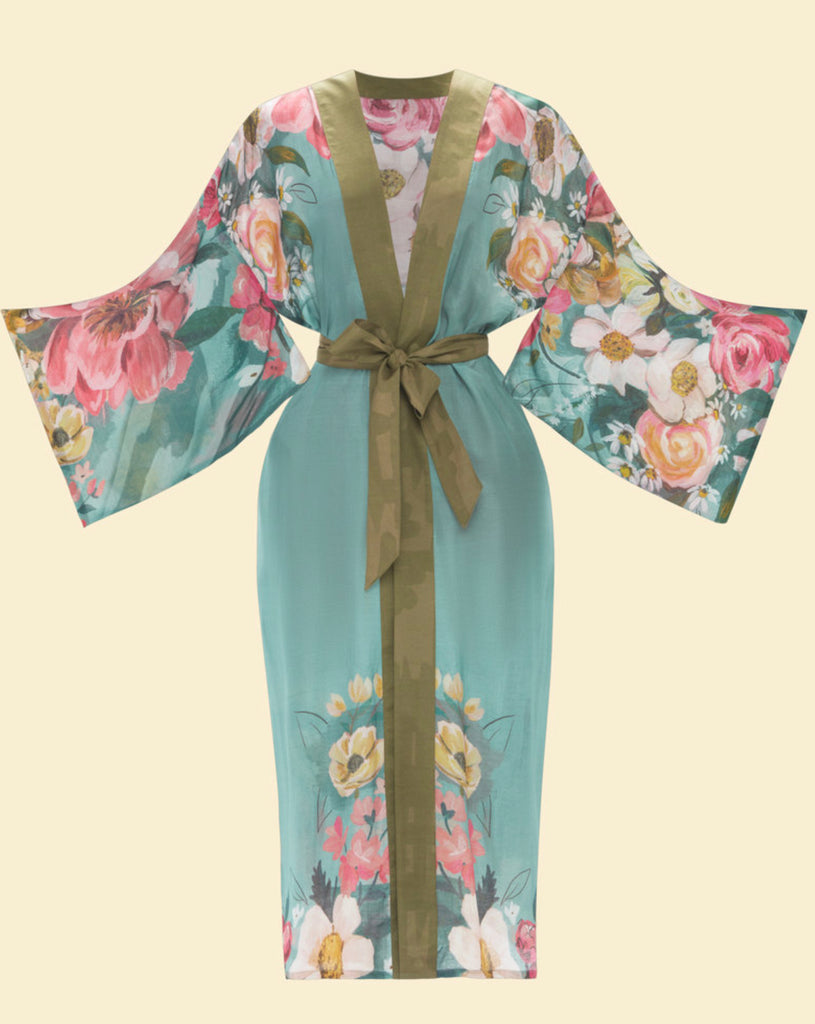 Powder Impressionist Floral Kimono Gown - Teal