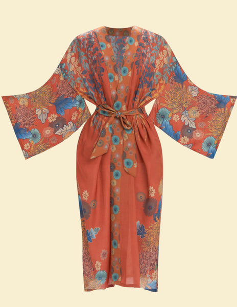 Powder Trailing Wisteria Kimono Gown - Terracotta