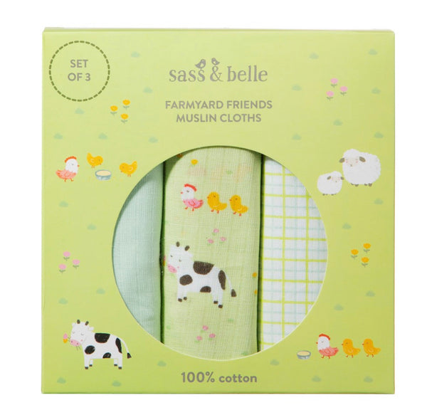 Sass & Belle Farmyard Friends Muslin Cloths - Set Of Three